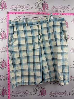 Michael Brandon Cream & Light Blue Plaid Flat Front Shorts